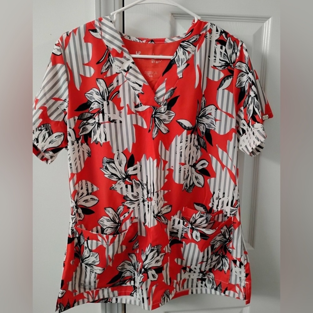 Greys Anatomy Floral Stripe Scrub Top Sz XL
